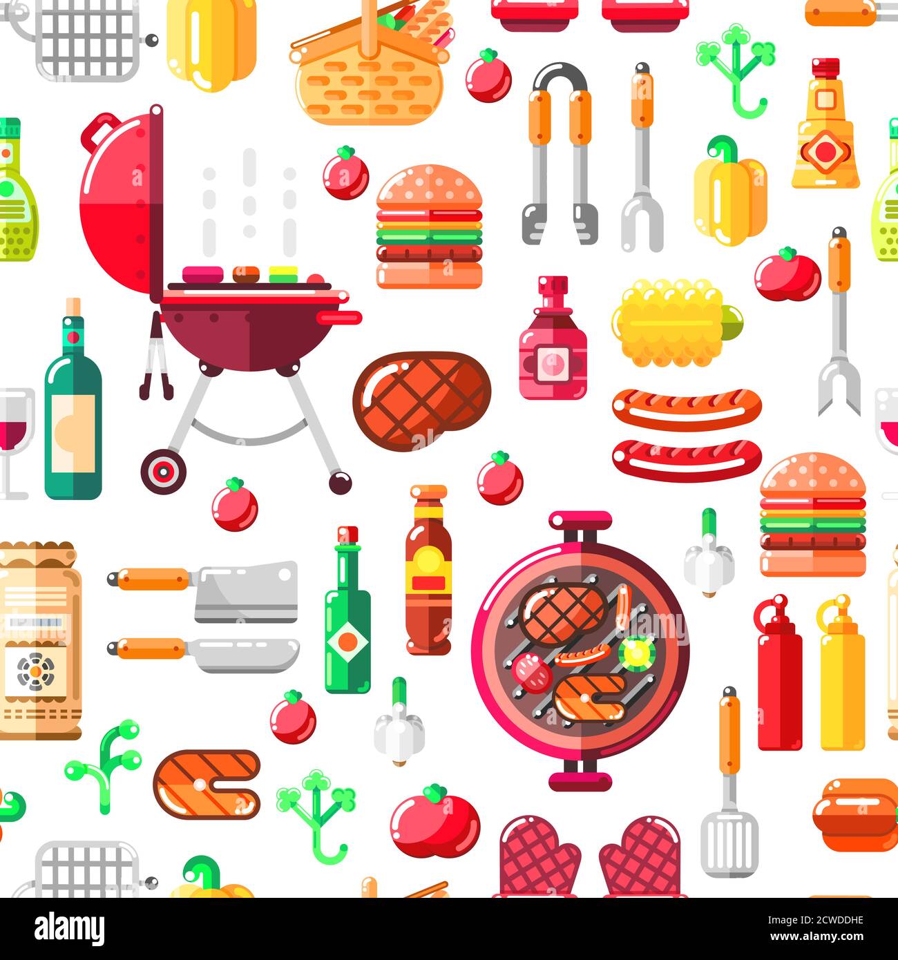 Barbecue and grill seamless vector pattern. BBQ food, equipment and tools illustration. Print or package modern flat design. Stock Vector