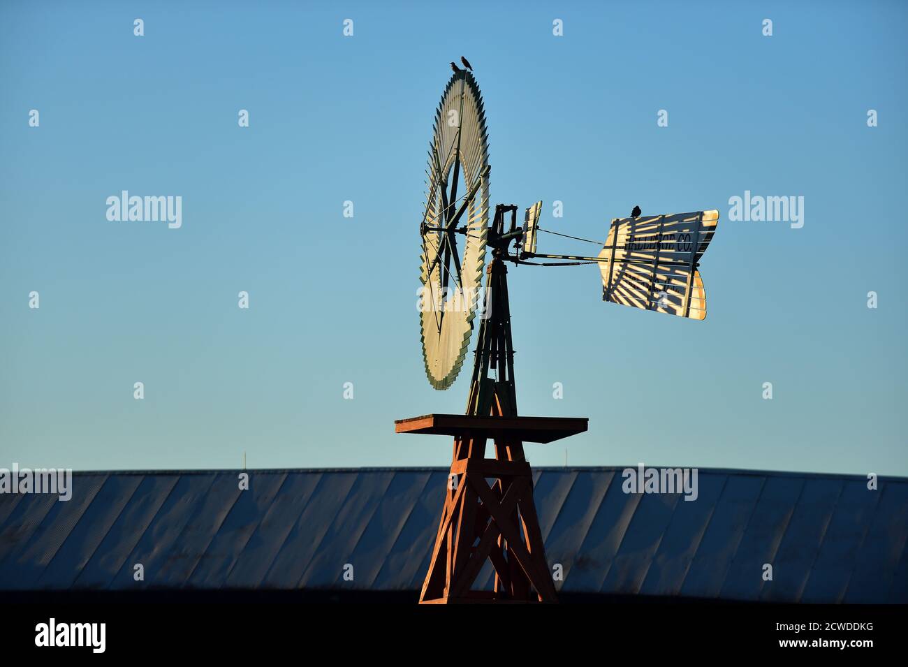 Hampshre, Illinois, USA. A windmill on a northeastern Illinois farm. The wheel and direction device were once very common. Stock Photo
