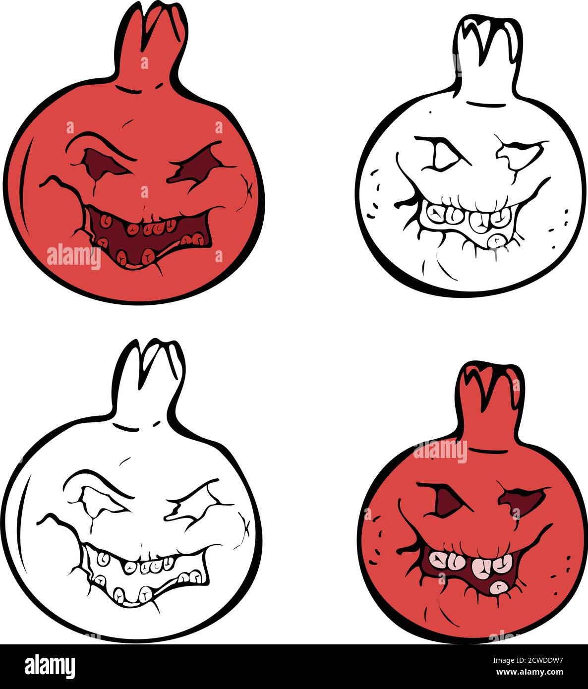 Vector Halloween style monster pomegranates. Set of evil pomegranates in color and vector silhouettes. Cartoon fruit set. Stock Vector