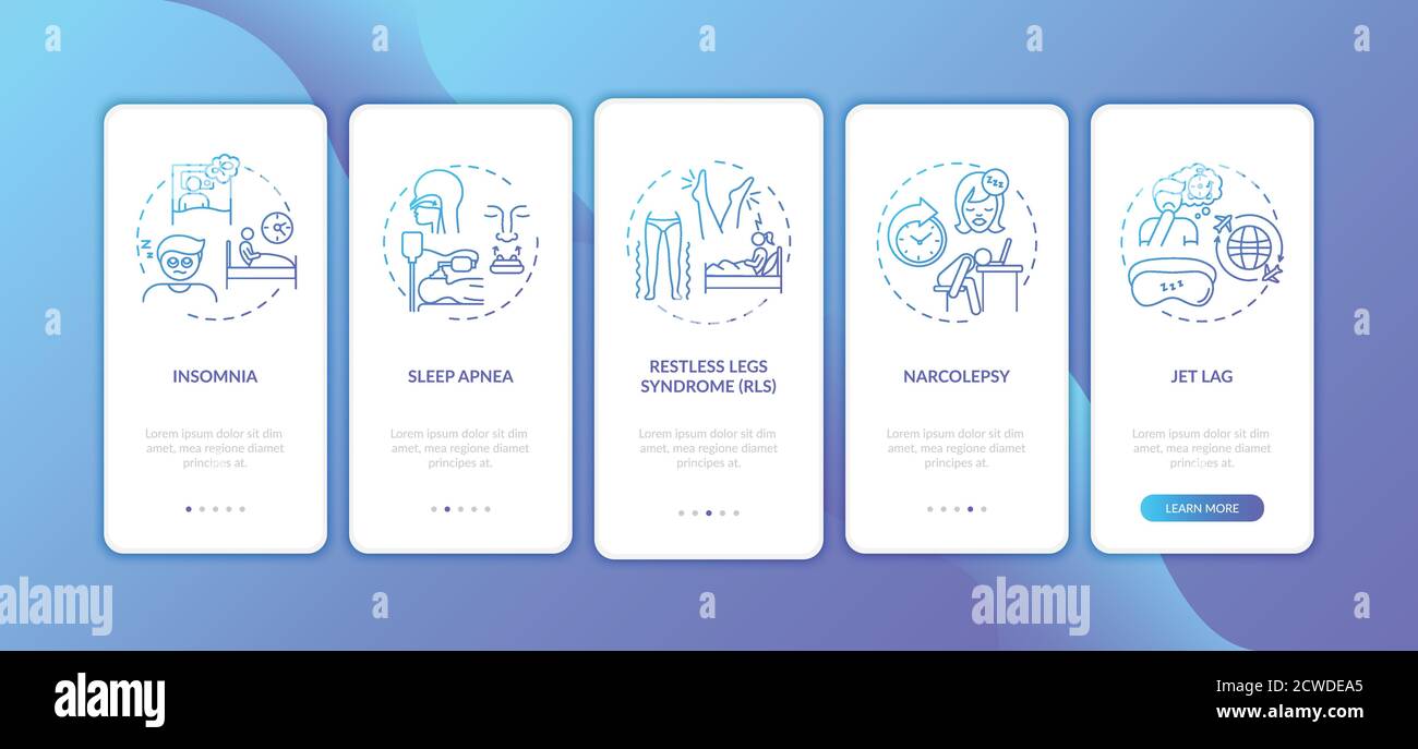 Sleep disorder types blue gradient onboarding mobile app page screen with concepts Stock Vector