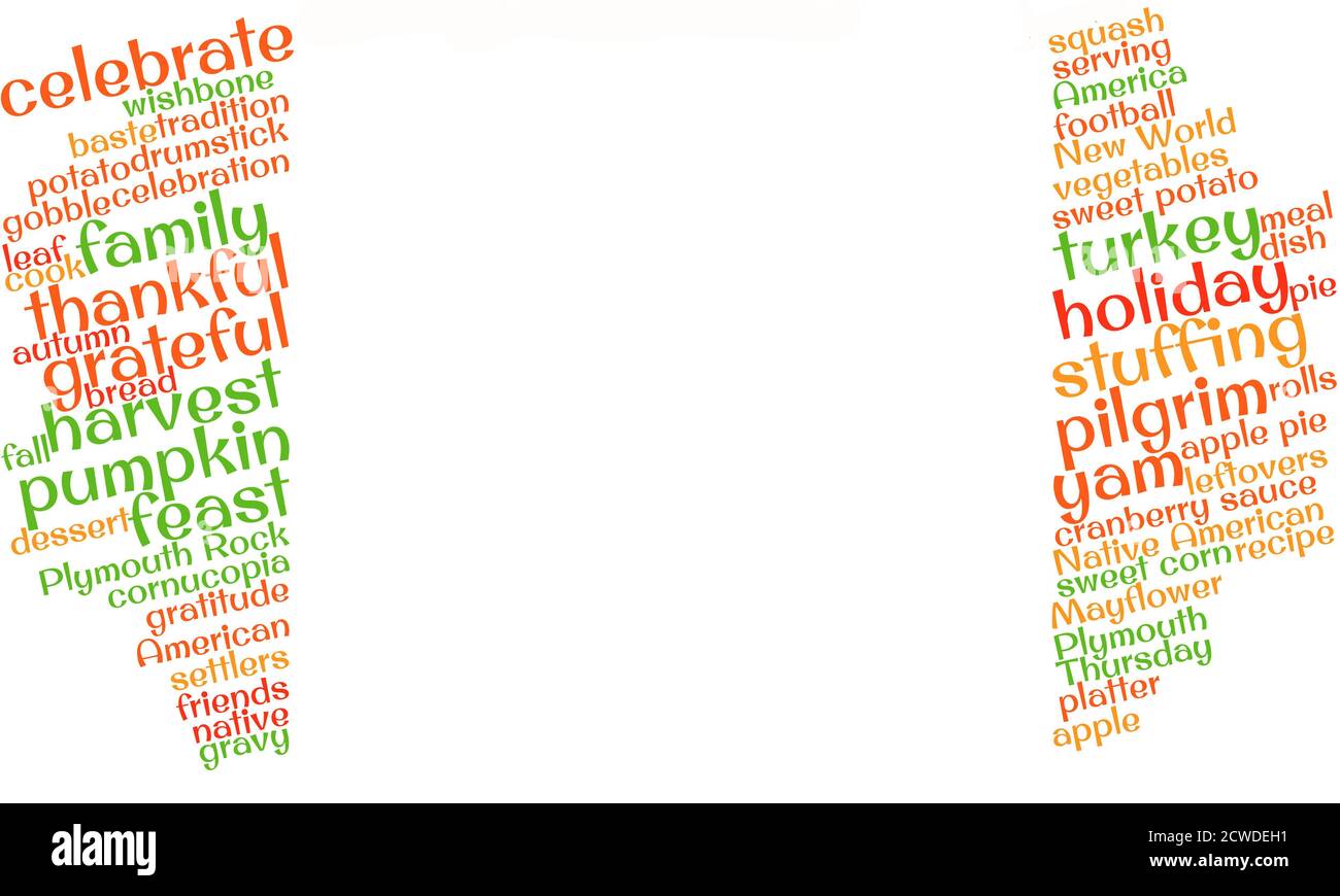 Colorful Thanksgiving word cloud borders a blank white background with space for added text, copy, image Stock Photo