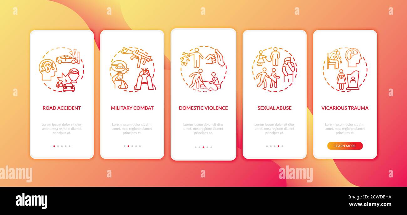 PTSD causes onboarding mobile app page screen with concepts Stock Vector