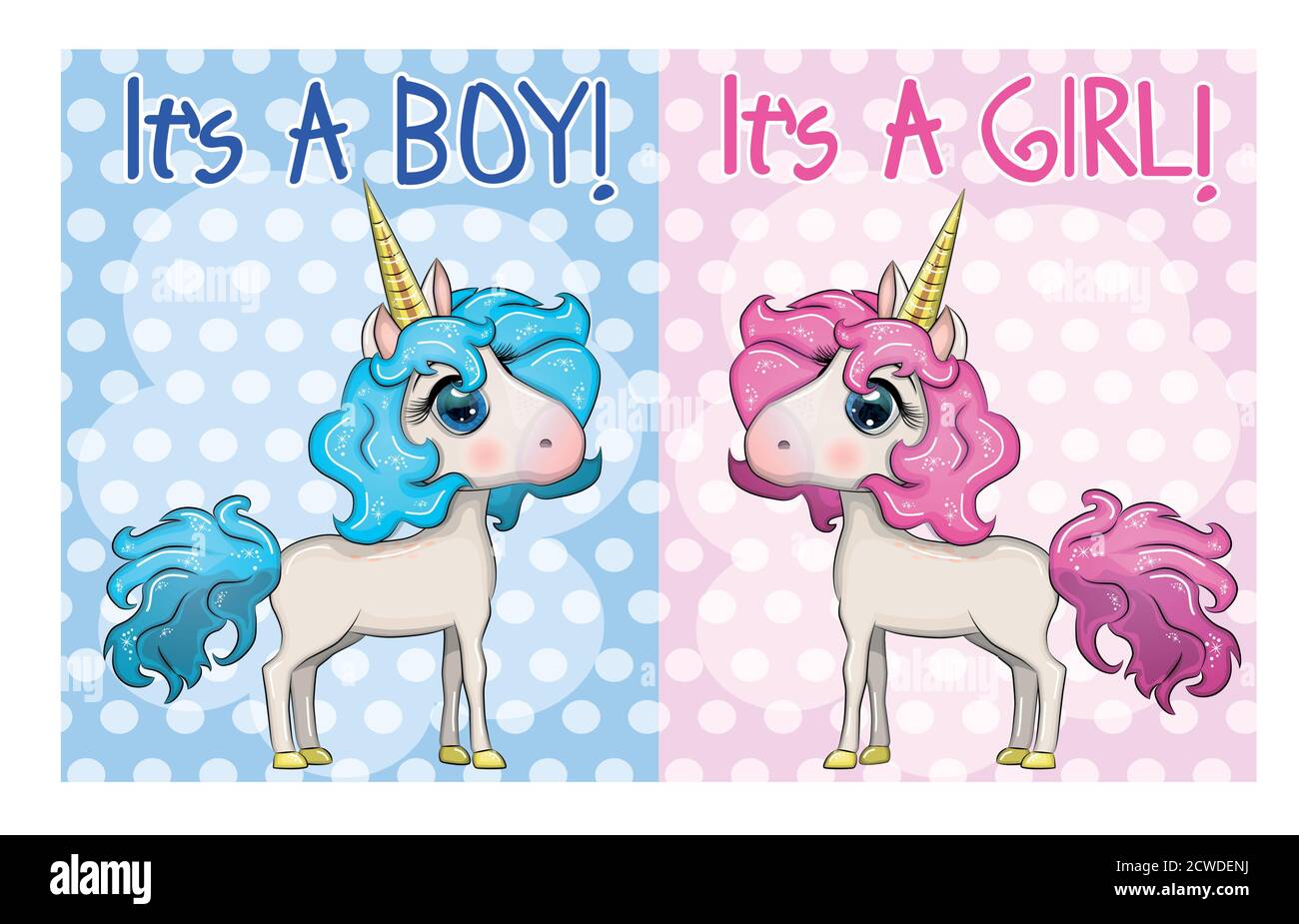 Baby Shower Greeting Card with cute Cartoon Unicorn girl and boy Stock ...