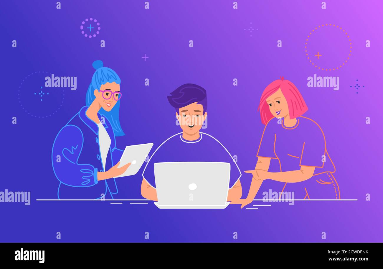 Three guys working as a team on a new project or startup Stock Vector
