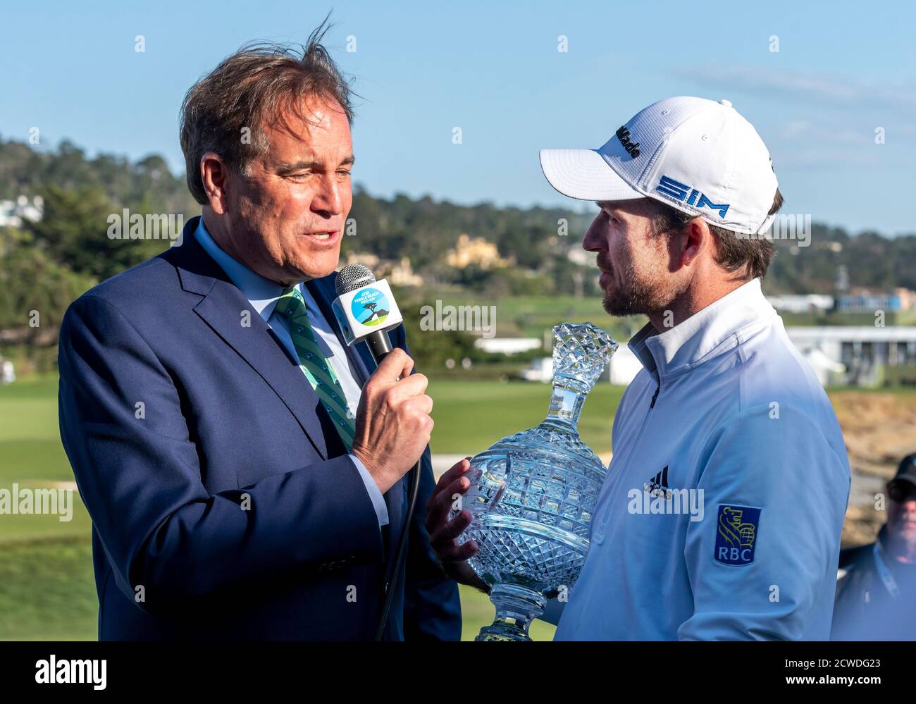 Pebble Beach, Carmel, California, USA. 9th Feb, 2020. Nick Taylor answers questions after receiving the trophy for the win of the championship round of the AT&T Pro-Am on Sunday Credit: Action Plus Sports/Alamy Live News Stock Photo