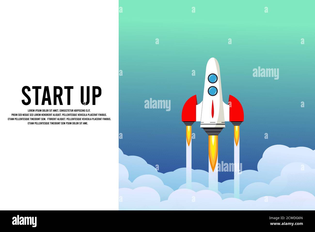 Rocket launch in the sky, cloud, smoke clouds, space. Space ship. interstellar travels. Business concept. Start up template. background. Simple modern Stock Vector