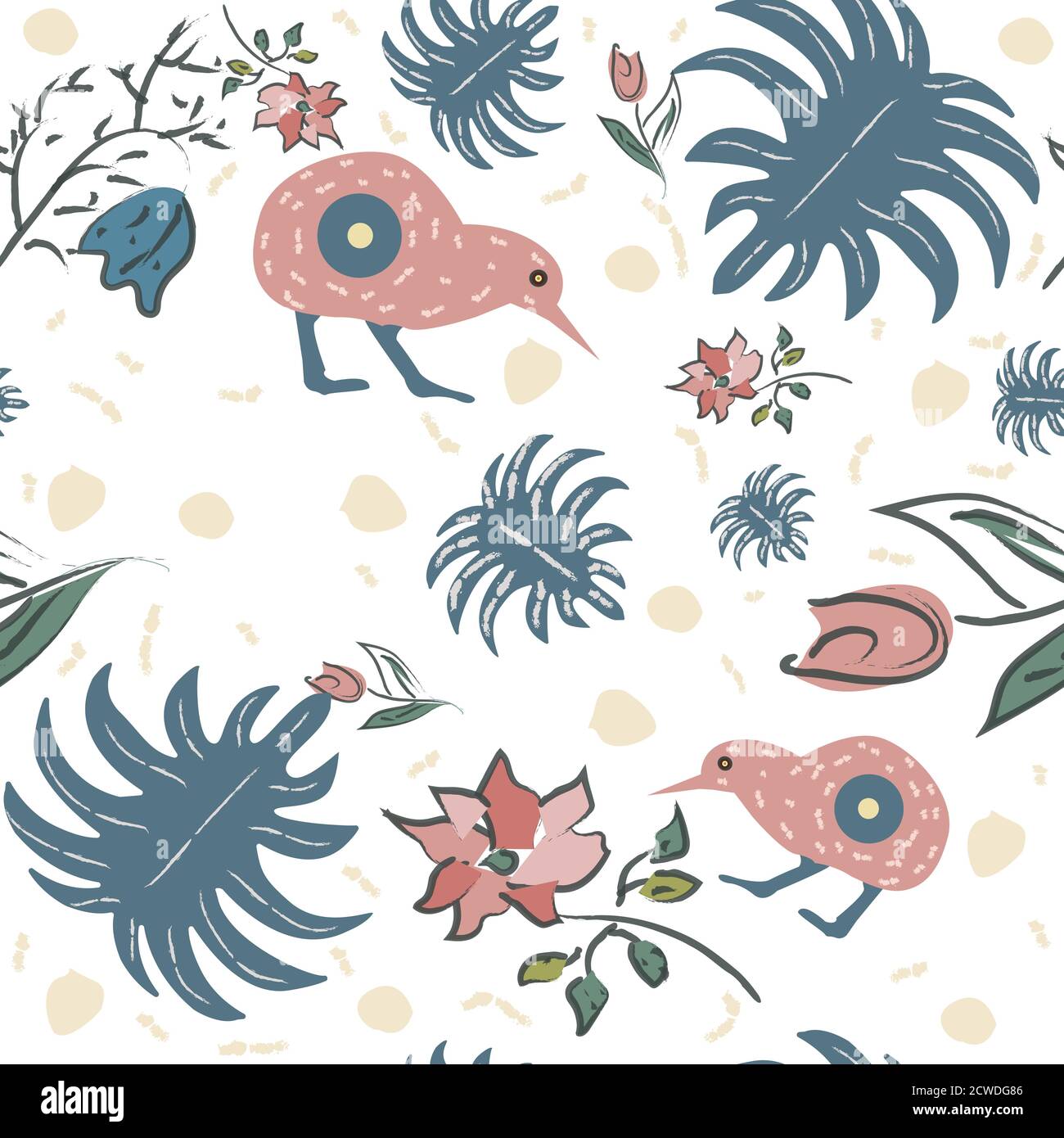 Iwi Bird Pattern Seamless Floral Pattern with exotic kiwi bird. Hand Drawn. Vector ...