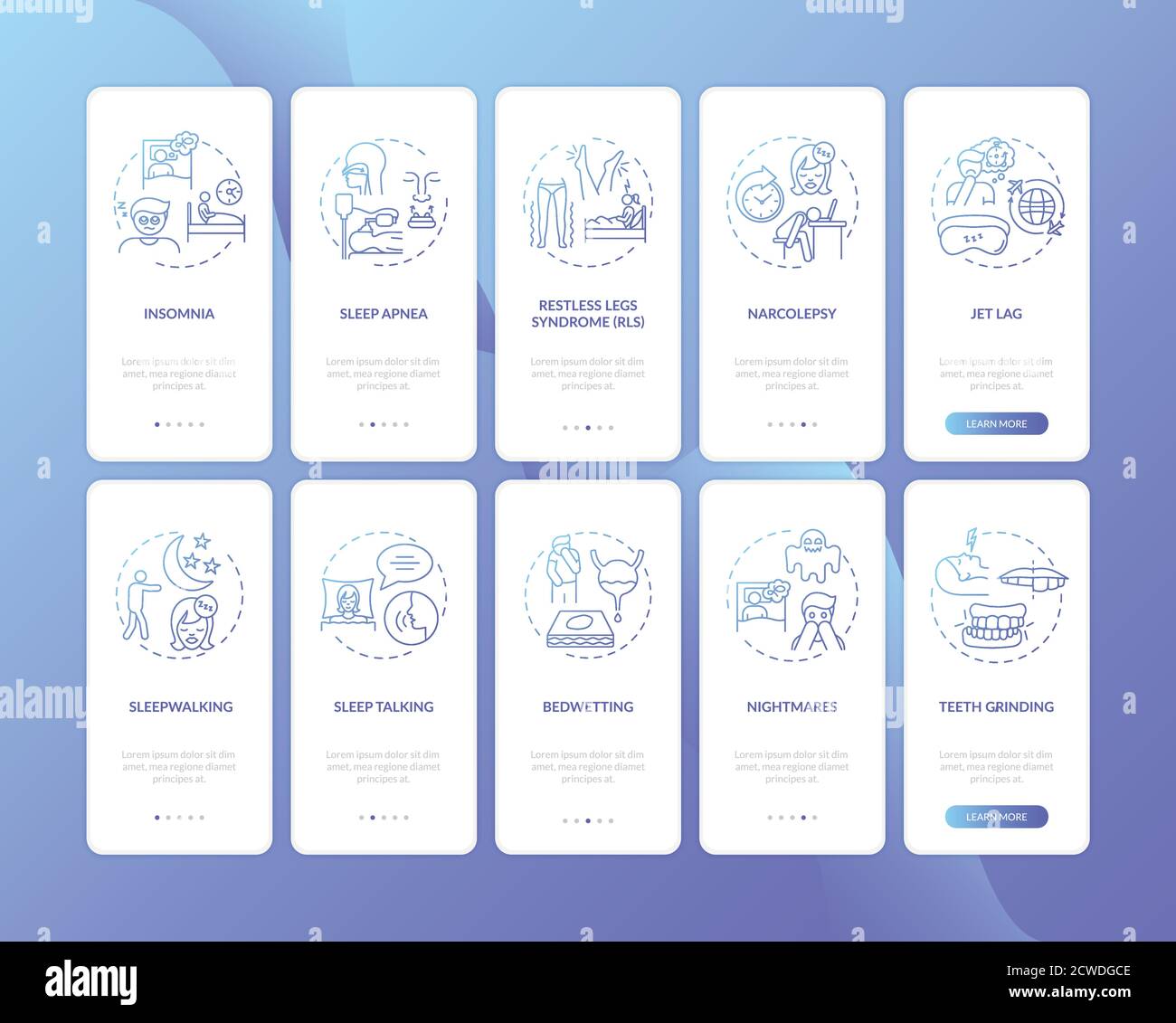 Sleep disorders blue gradient onboarding mobile app page screen with concepts set Stock Vector