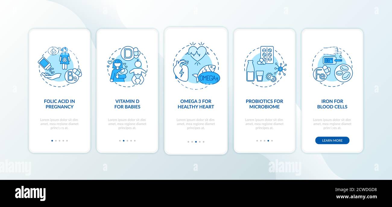 Essential supplements onboarding mobile app page screen with concepts Stock Vector