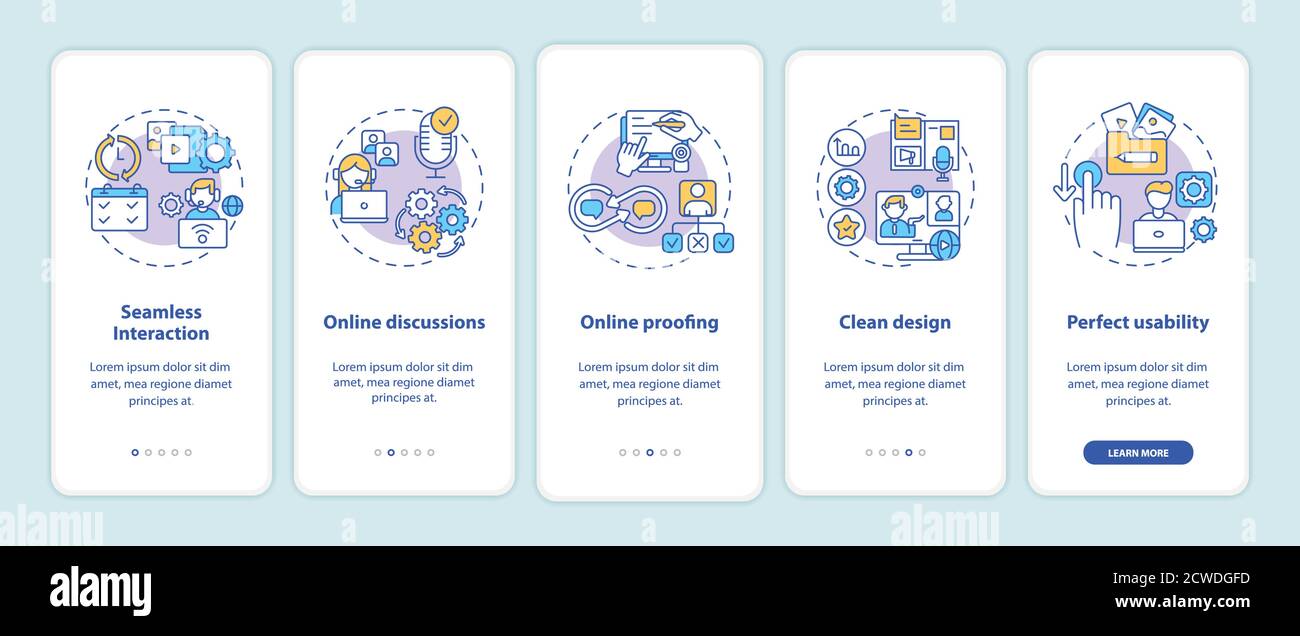 Remote work app features onboarding mobile app page screen with concepts Stock Vector