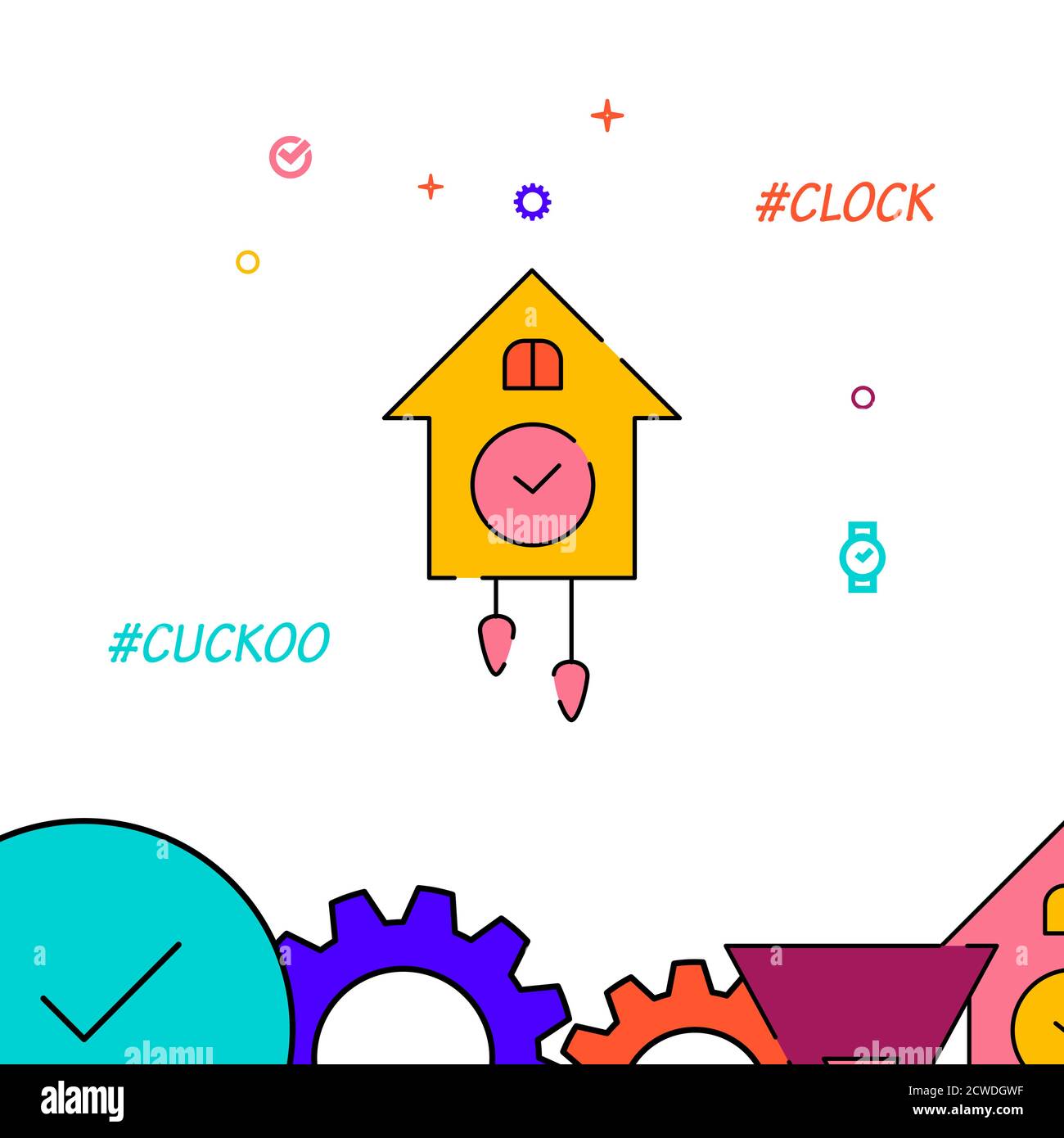 Cuckoo clock filled line vector icon, simple illustration, clock, time related bottom border. Stock Vector