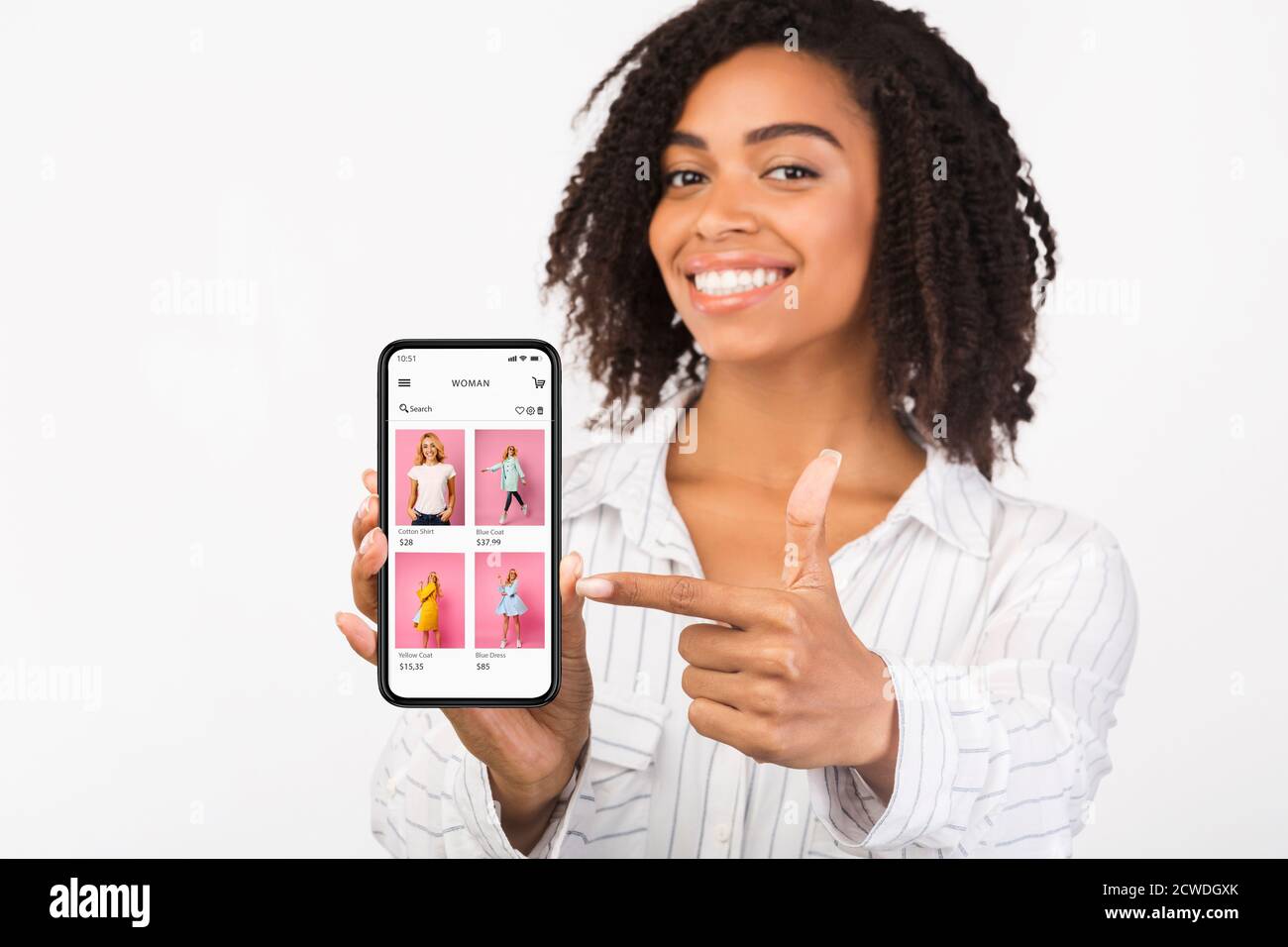 Black girl showing phone with online fashion store website Stock Photo -  Alamy