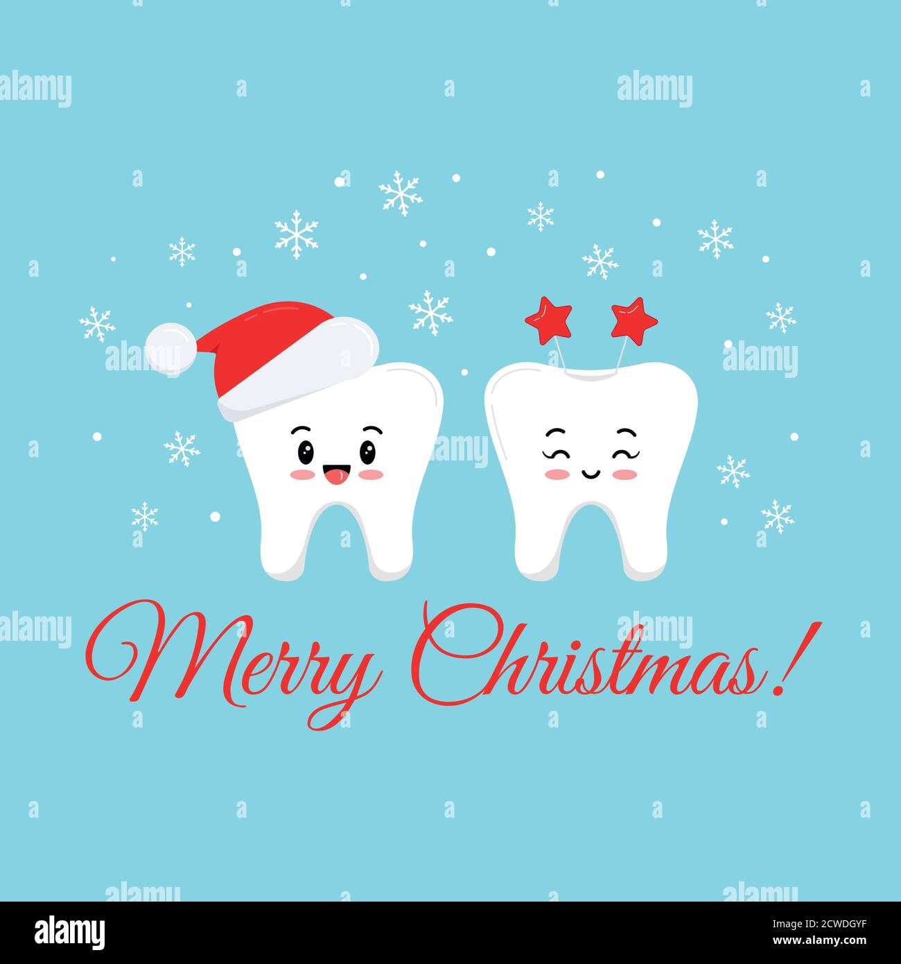 Cute smilling teeth with christmas costume on dentist greeting card