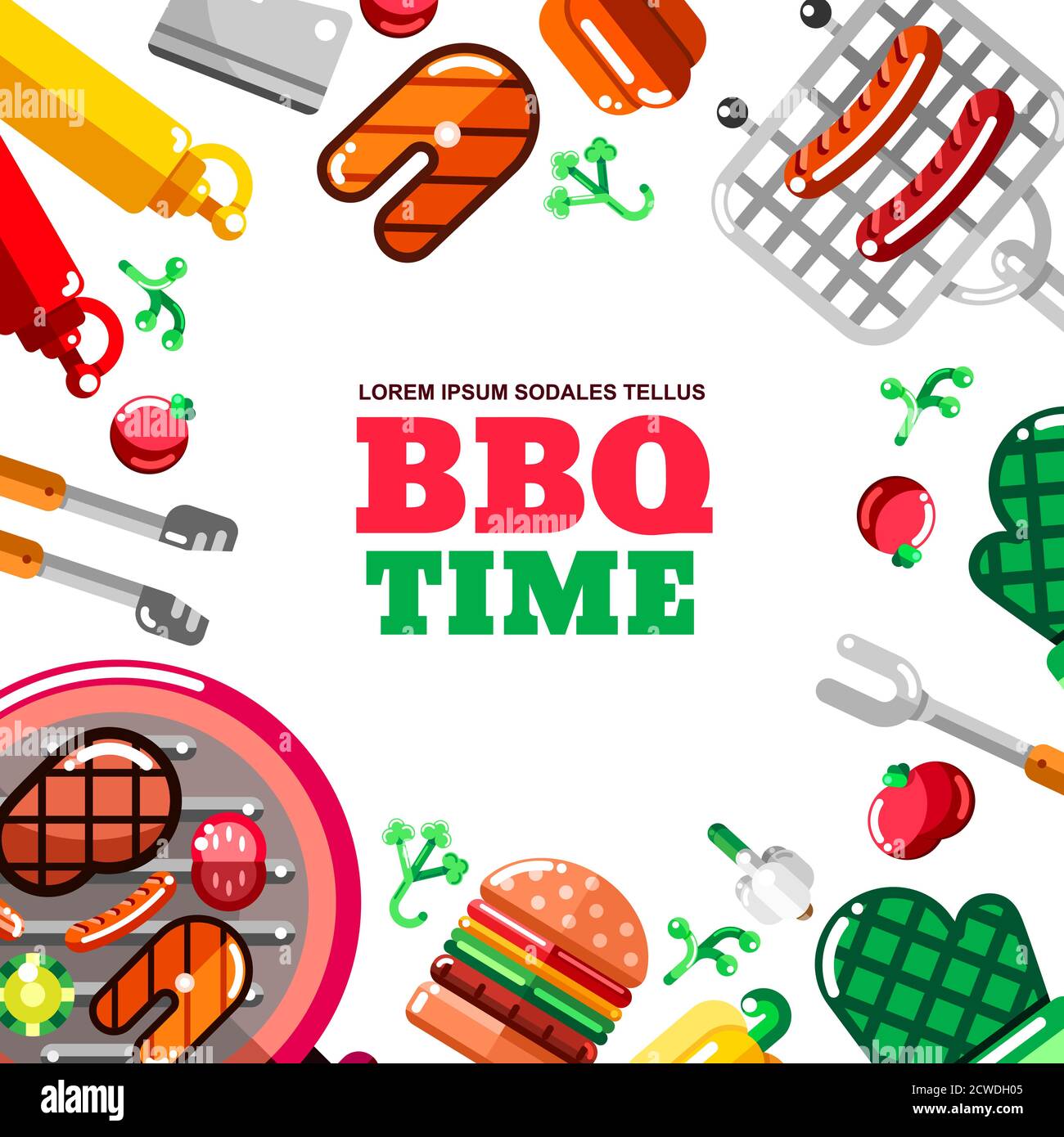 Barbecue and grill vector frame with white background. BBQ food, equipment and tools illustration. Banner or poster modern flat design. Stock Vector