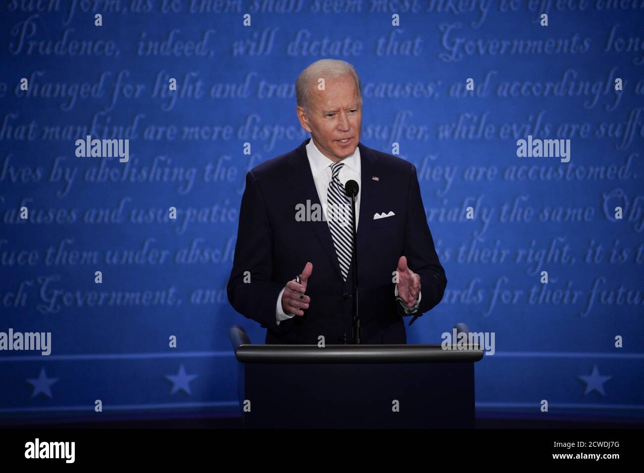 Cleveland, United States. 29th Sep, 2020. Joe Biden, 2020 Democratic presidential nominee, speaks during the first U.S. presidential debate hosted by Case Western Reserve University and the Cleveland Clinic in Cleveland, Ohio, on Tuesday, September 29, 2020. President Donald Trump and Biden kicked off their first debate with contentious topics like the Supreme Court and the coronavirus pandemic. Photo by Matthew Hatcher/UPI Credit: UPI/Alamy Live News Stock Photo