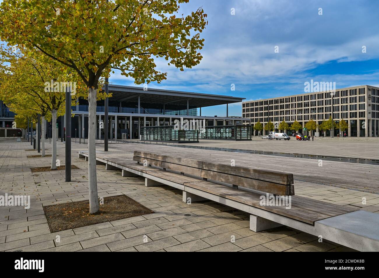 29 September 2020, Brandenburg, Schönefeld: View of the main terminal (l) and an outbuilding of the airport Berlin Brandenburg 'Willy Brandt' (BER). The capital airport BER at the border to Berlin is planned to open on 31.10.2020. Photo: Patrick Pleul/dpa-Zentralbild/dpa Stock Photo