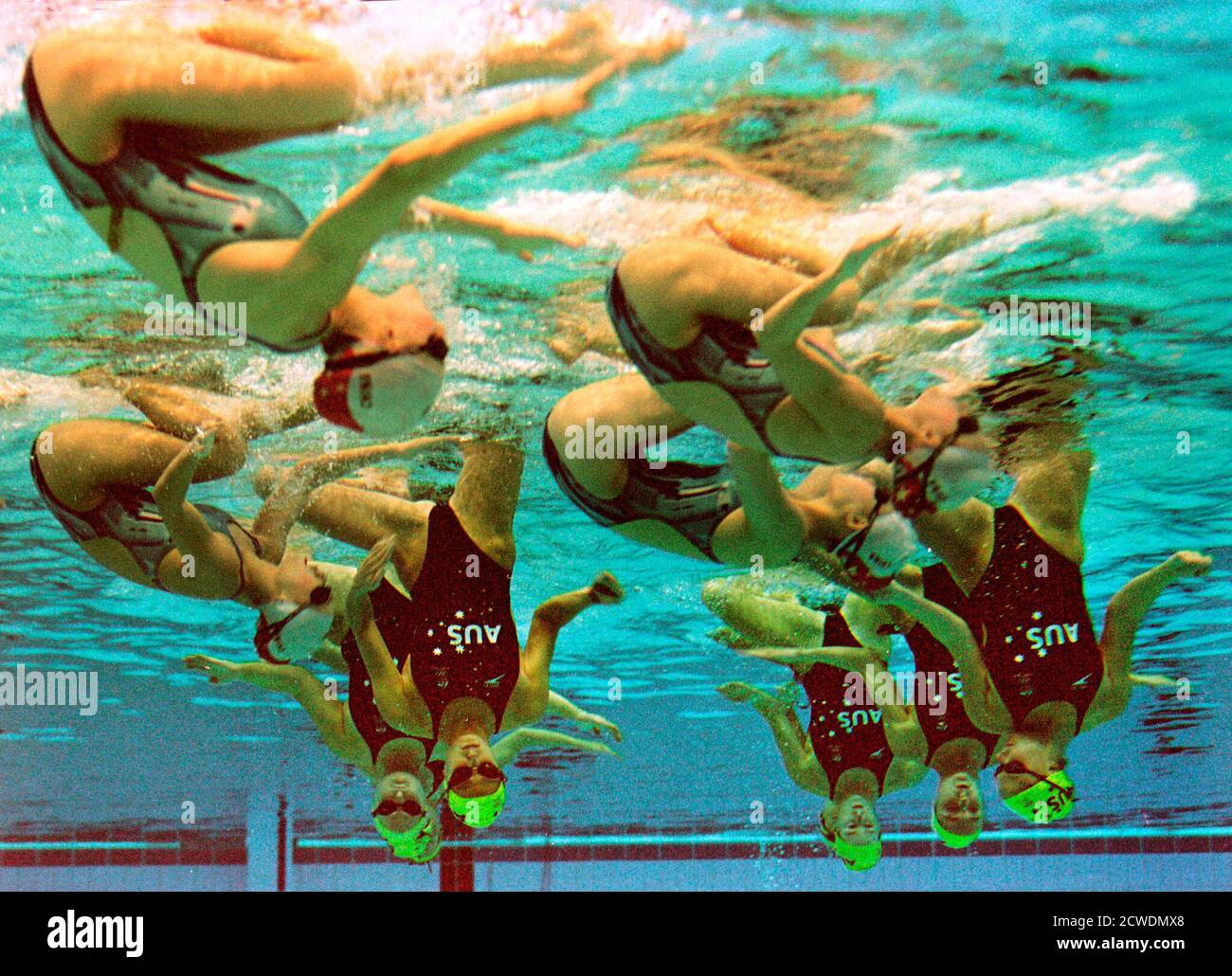 Australian And Chinese Synchronized Swimmers Share The Swimming Pool At Sydney Olympic Park S Aquatic Center During The Final Practice Session For The Olympic Team Free Routine Final In Sydney September 29 2000