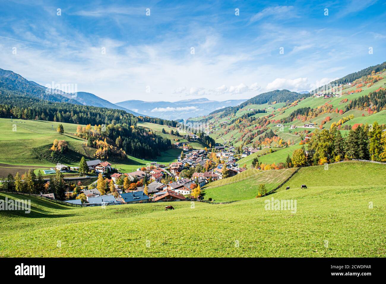 Landscape of early autumn in the village of Santa Magdalena in northern Italy on the slopes of the Dolomites in the valley of Val di Funes. Stock Photo