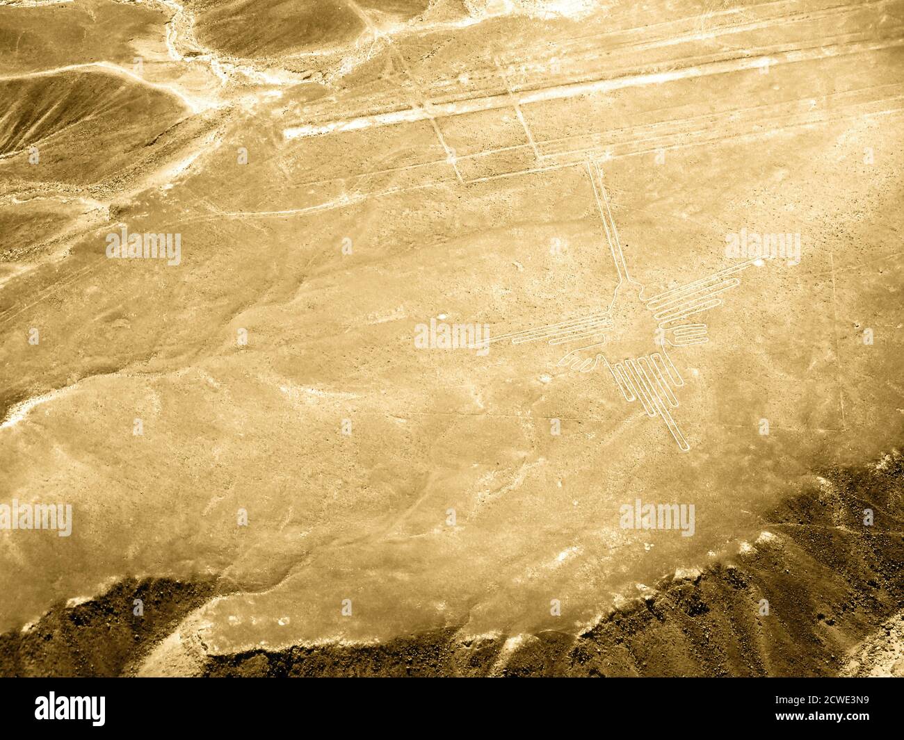 Aerial view of the famous Nazca geoglyphs, Nazca lines in Peru. Hummingbird figure. Stock Photo