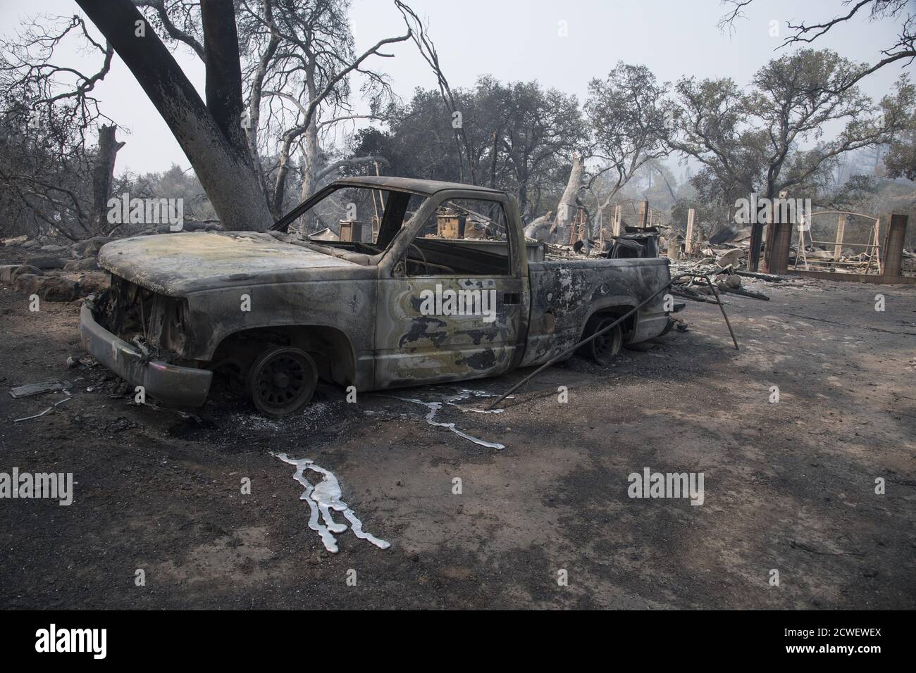 Angwin, United States. 29th Sep, 2020. Aluminum melted out of a truck leaves a trail in Angwin, California on Tuesday, September 29, 2020. The Glass Fire has burned over 40,000 acres and is only 2% contained. Photo by Terry Schmitt/UPI Credit: UPI/Alamy Live News Stock Photo