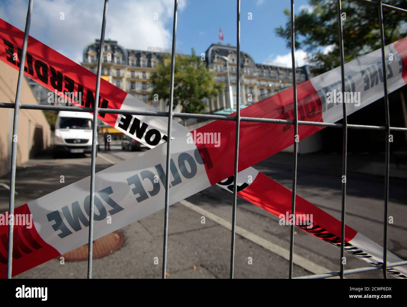 Security fences are pictured in front of the Montreux Palace ahead of the Francophone Summit in Montreux October 18, 2010.  The 13th Francophone Summit will take place from October 22 to 24.  REUTERS/Denis Balibouse (SWITZERLAND - Tags: POLITICS) Stock Photo