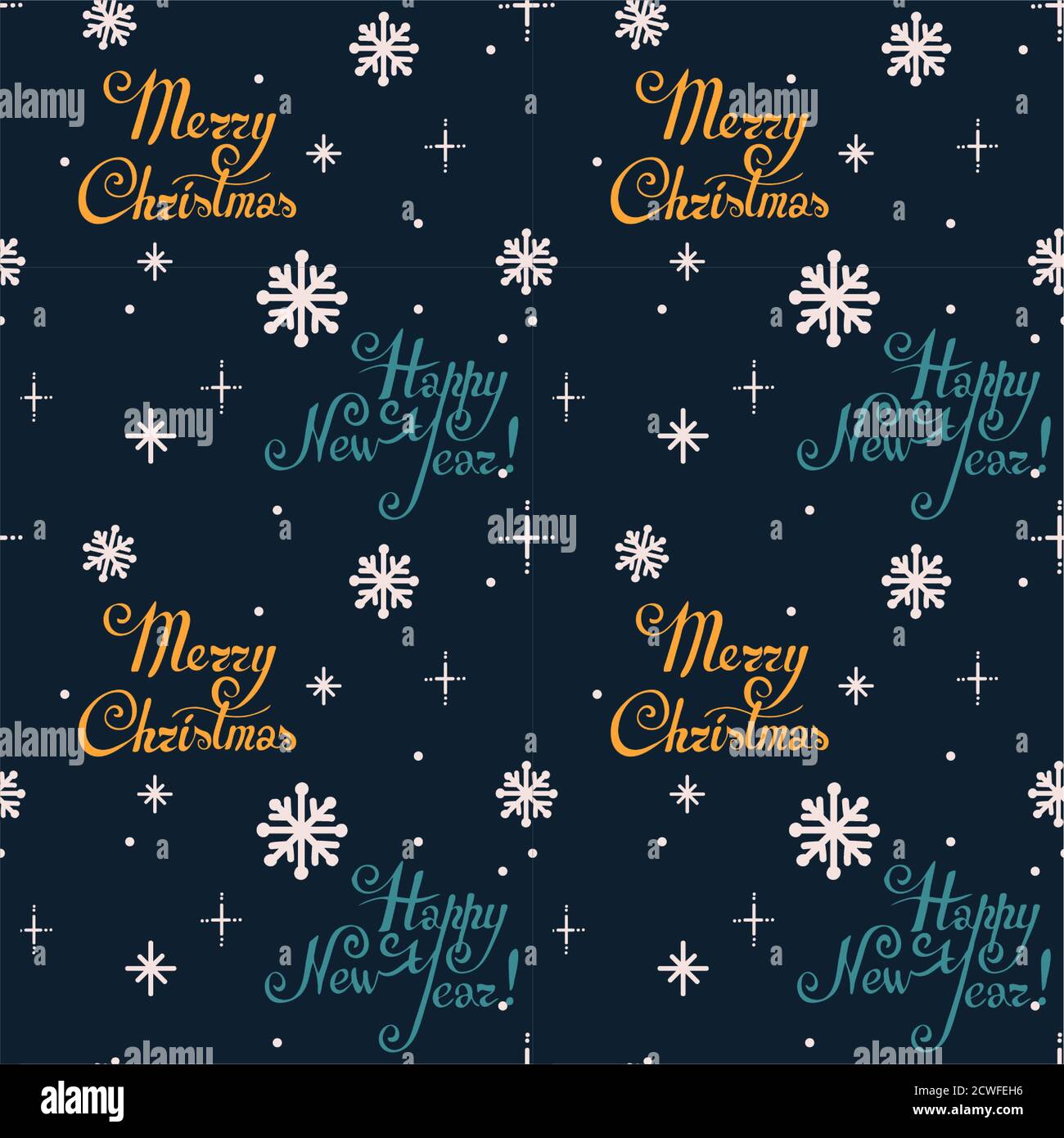Seamless vector pattern with winter smowflake, snowfall with lettering Stock Vector