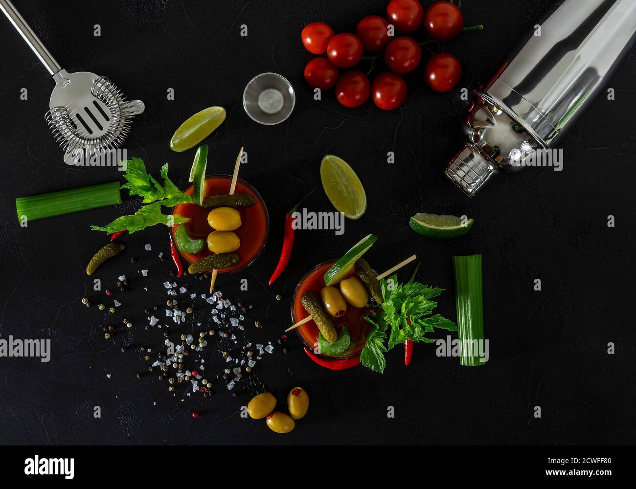 Bloody Mary Cocktail in glasses with garnishes Stock Photo Alamy