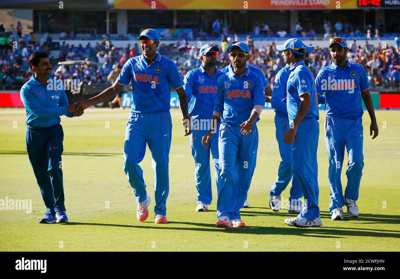 Members Of India S World Cup Cricket Team Leave The Field After Dismissing United Arab Emirates For Stay informed with the latest live india score information, india results, india standings and india schedule. alamy