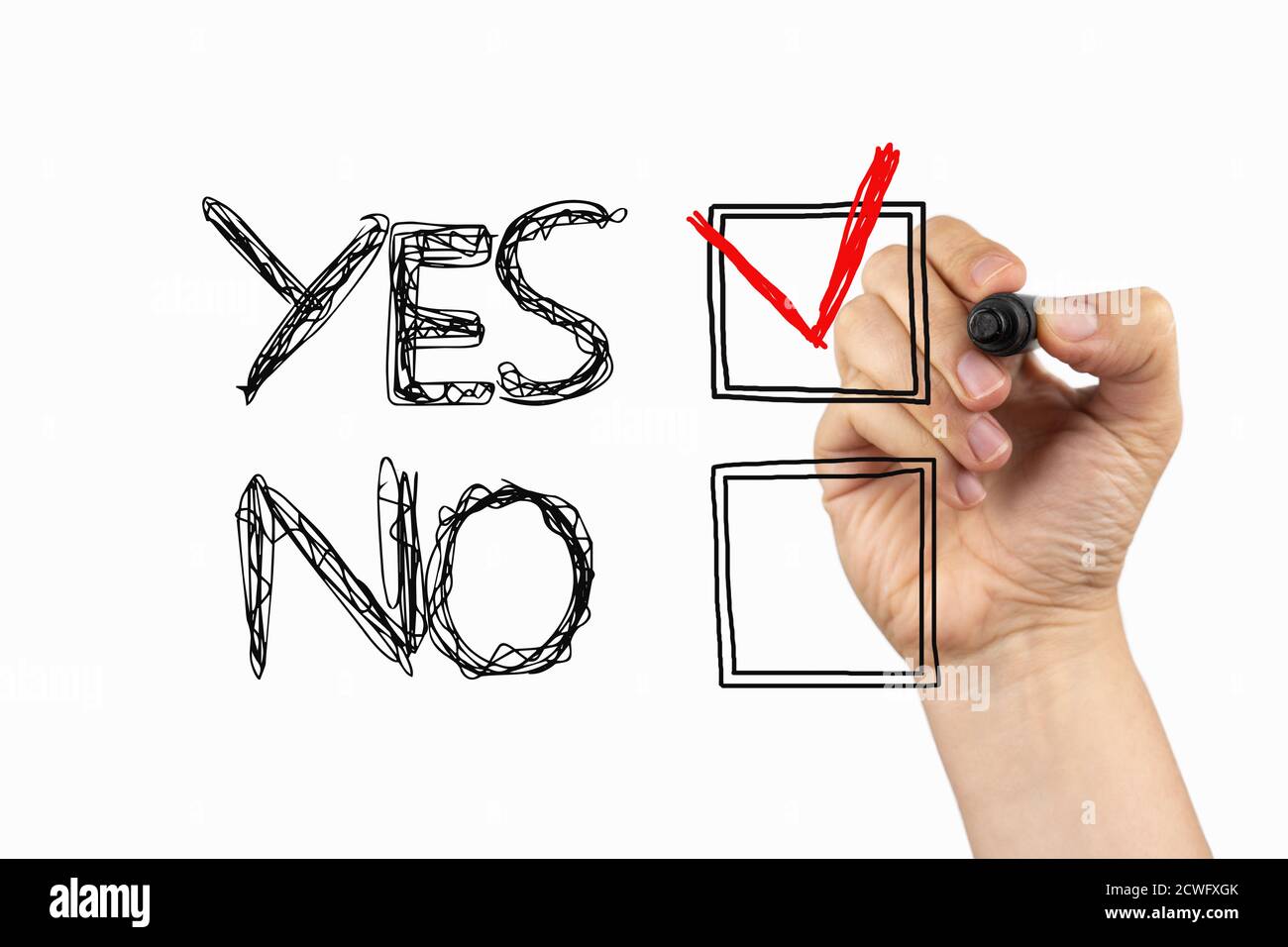 Yes or No choice. Positive decision in checkbox on a whiteboard, written with black and red marker in a hand. Scribble sketch text on a board Stock Photo