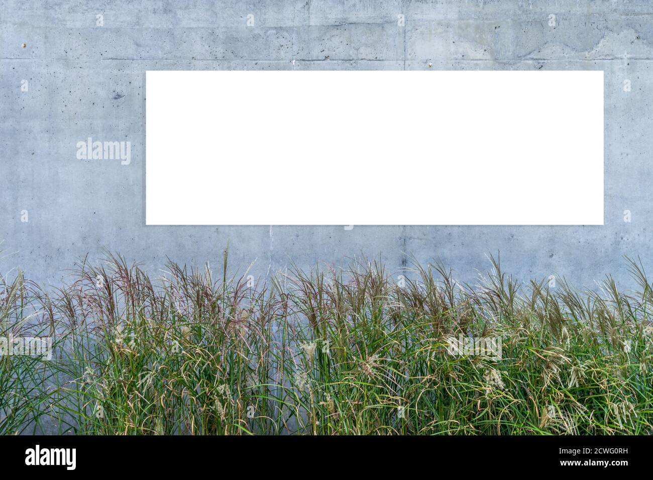 Mock up. Blank white horizontal billboard, advertising board, signboard on gray concrete wall background Stock Photo