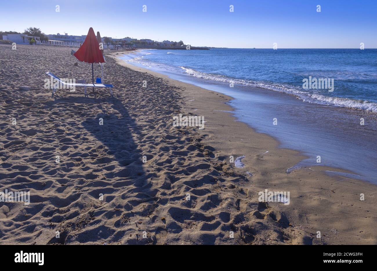 Salento coast: Lido Marini beach stretches for more than two kilometres, in the area of the municipalities of Salve and Ugento in Puglia. Stock Photo