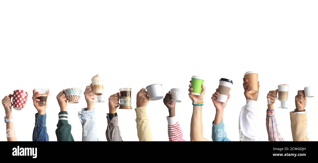 People are holding mugs and paper cups of coffee. Concept on the theme of cafes and coffee. Stock Photo