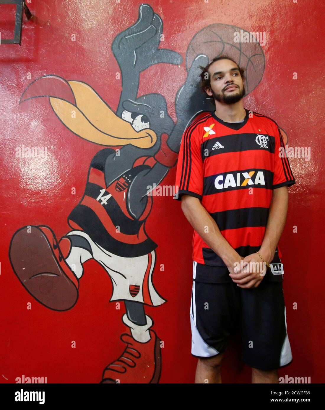Chicago Bulls' Joakim Noah poses with Brazil's Flamengo soccer club jersey  after his training session ahead of NBA Global Games Rio 2013 in Rio de  Janeiro October 9, 2013. The Bulls will