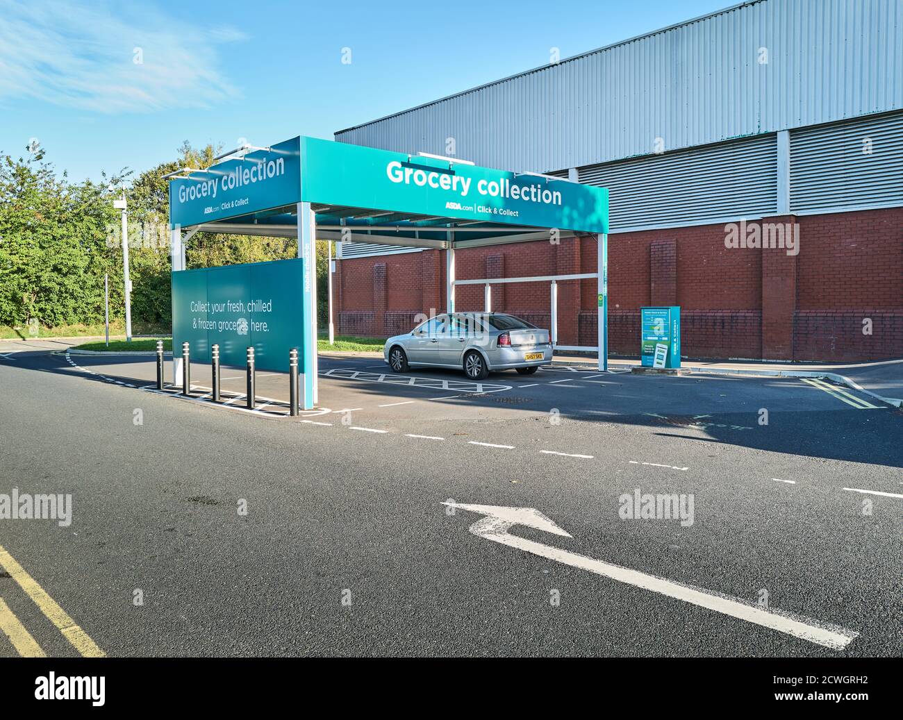 Click and collect grocery collection shelter outside the Asda