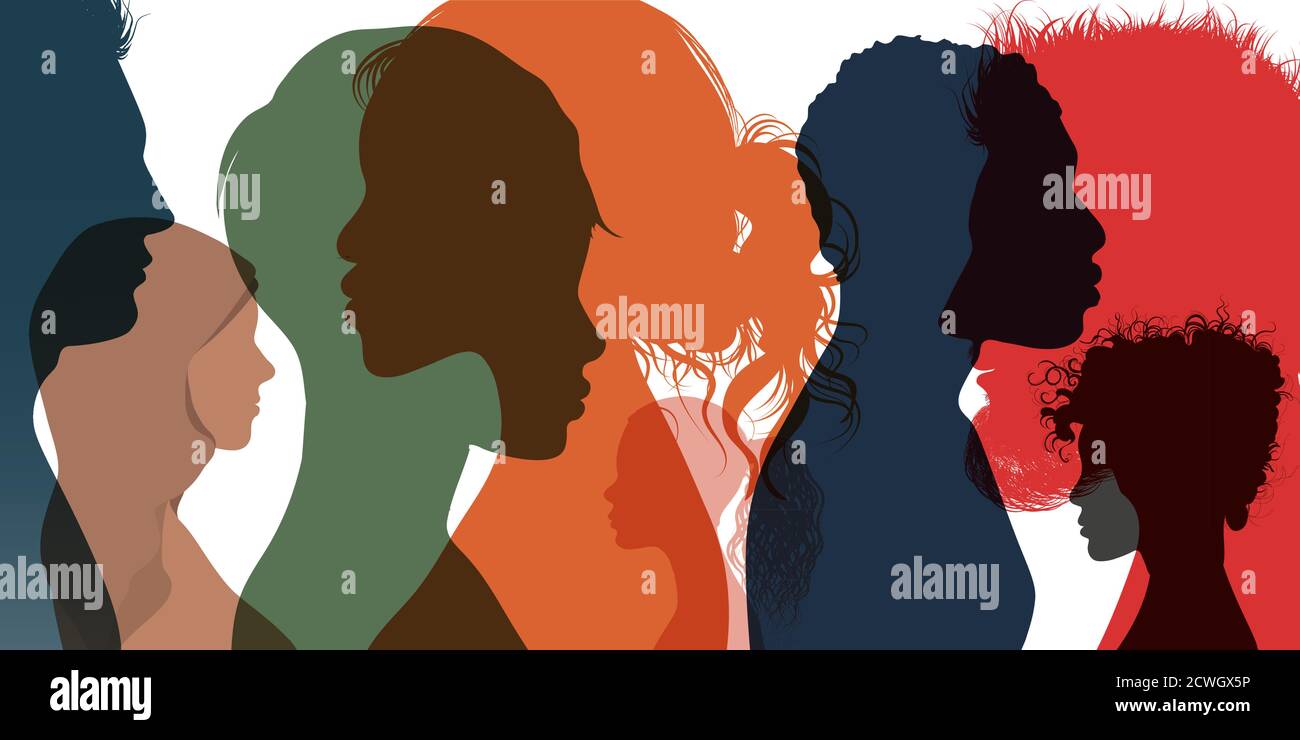 Silhouette profile group of men women and girl of diverse culture. Diversity multi-ethnic and multiracial people. Racial equality and anti-racism. Stock Vector