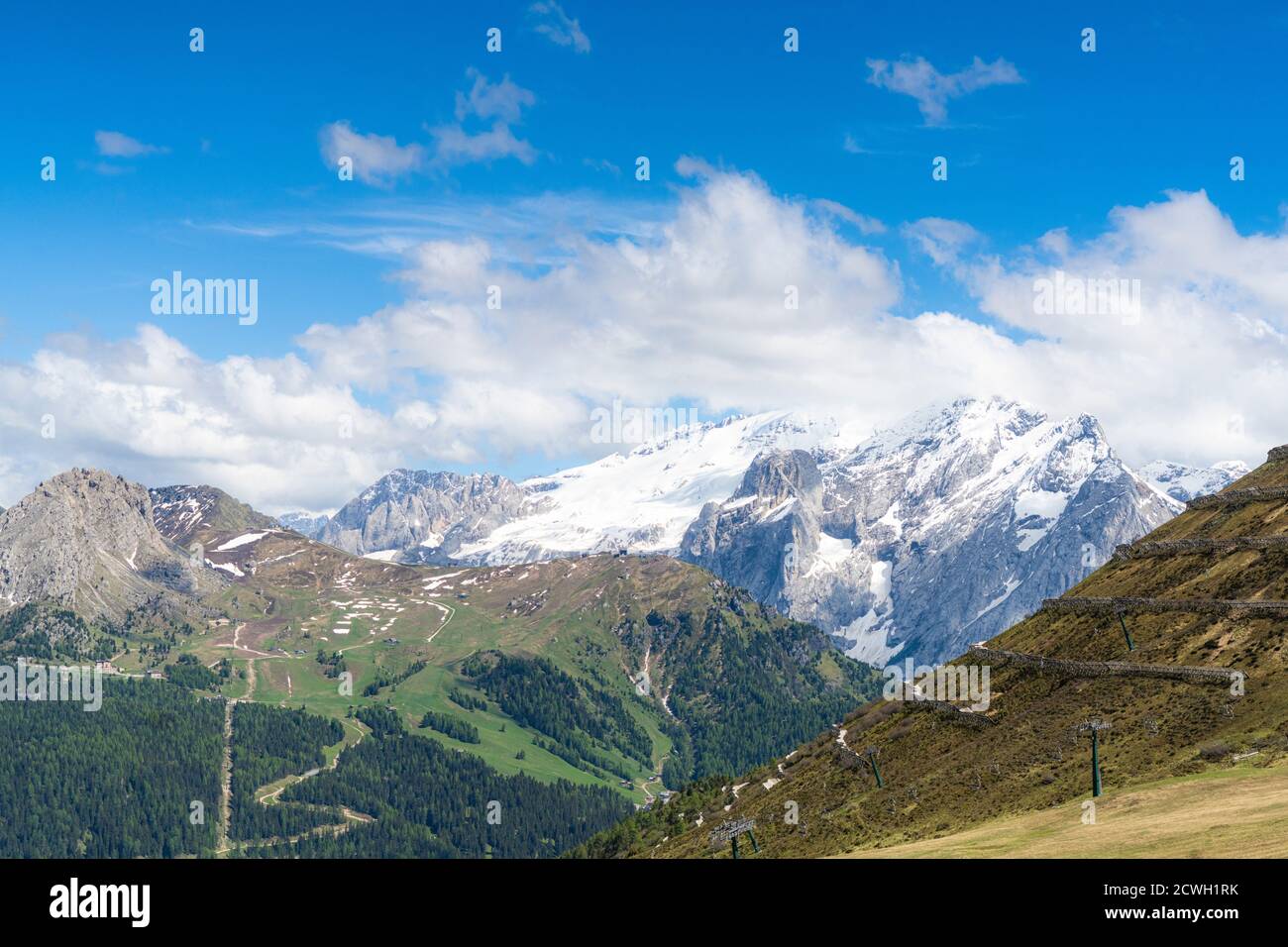 Marmolada mountain range view from the trail around the Sassolungo group in spring, Dolomites, Trentino-Alto Adige, Italy Stock Photo