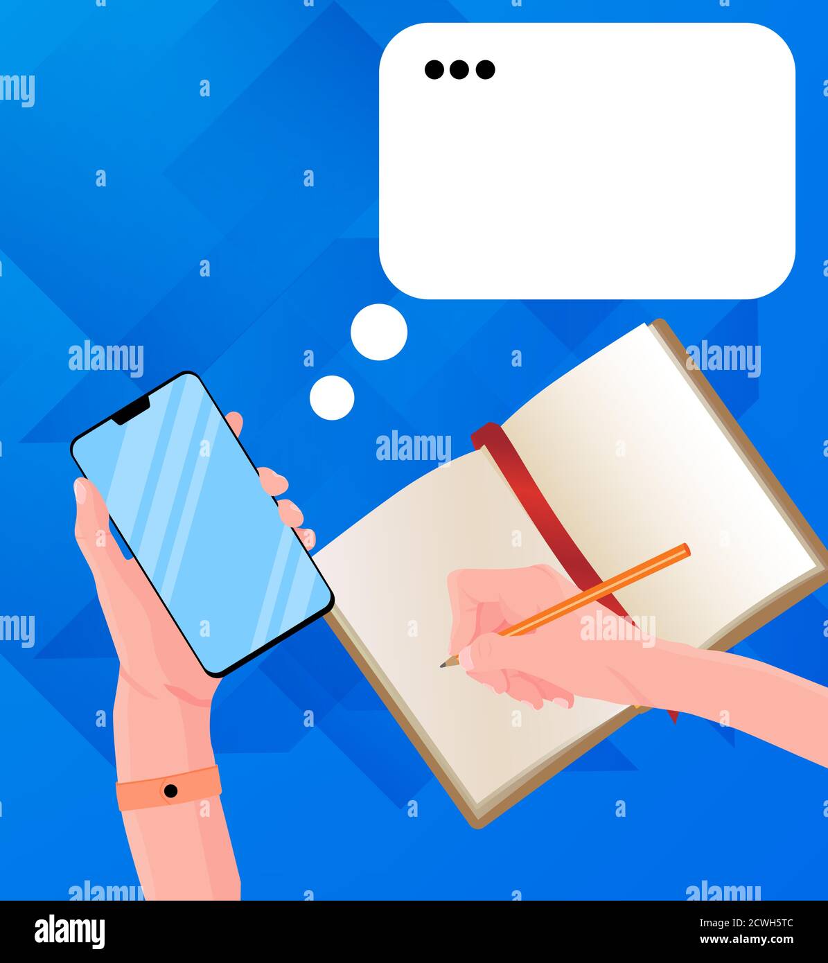 A girl has holding a smartphone in the hand, writing a message. In another hand she has holding a pencil and writing something in notebook. Work place Stock Vector