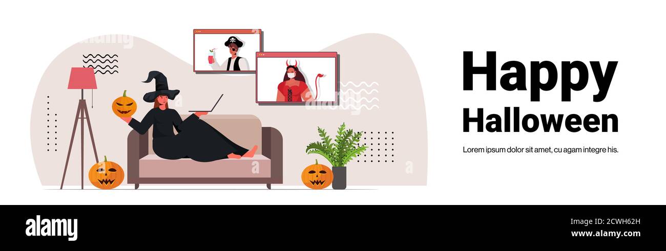 happy halloween holiday celebration woman in witch costume discussing with friends during video call online communication self isolation copy space horizontal vector illustration Stock Vector