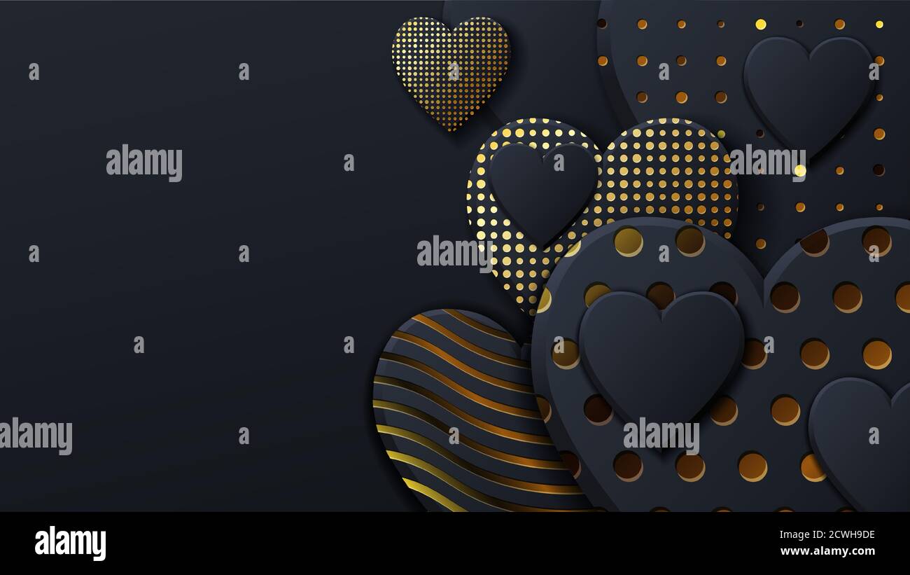 Valentines Day background with black hearts and gold pattern. Gold luxury cover on dark background. Black holidays poster, card, add, header, website, article for valentines day Stock Vector