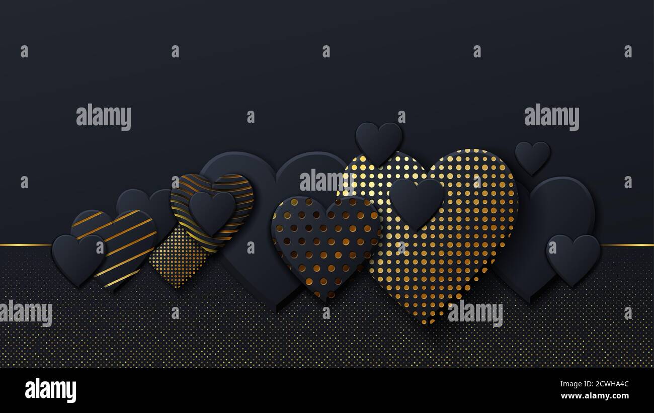 Valentines Day background with black hearts and gold pattern. Gold ...