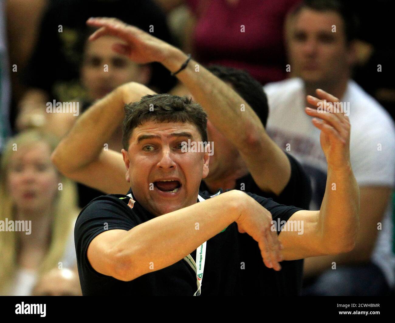 Gabor Elek, head coach of Rail Cargo FTC, reacts during their Women's Cup Winners' Cup final first leg handball match against Viborg in Dabas, 30 km (19 east of May