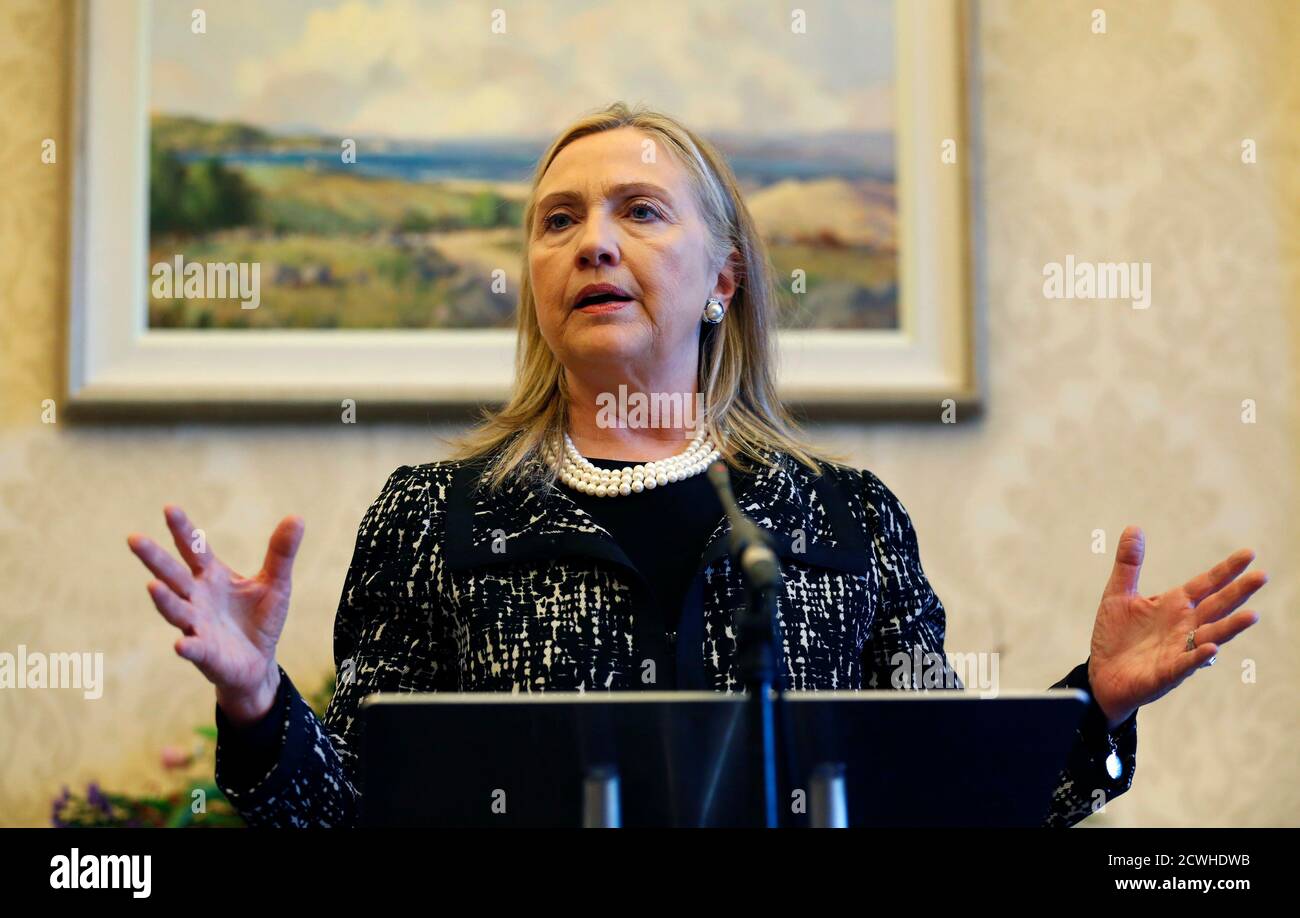 U.S. Secretary of State Hillary Clinton speaks during a news conference at Stormont Castle in Belfast December 7, 2012. Clinton travelled to Northern Ireland on Friday to lend her support to the British province's fragile peace, the frailty of which was underlined by overnight rioting on the eve of her visit and the seizure of a bomb. REUTERS/Kevin Lamarque (NORTHERN IRELAND - Tags: POLITICS) Stock Photo