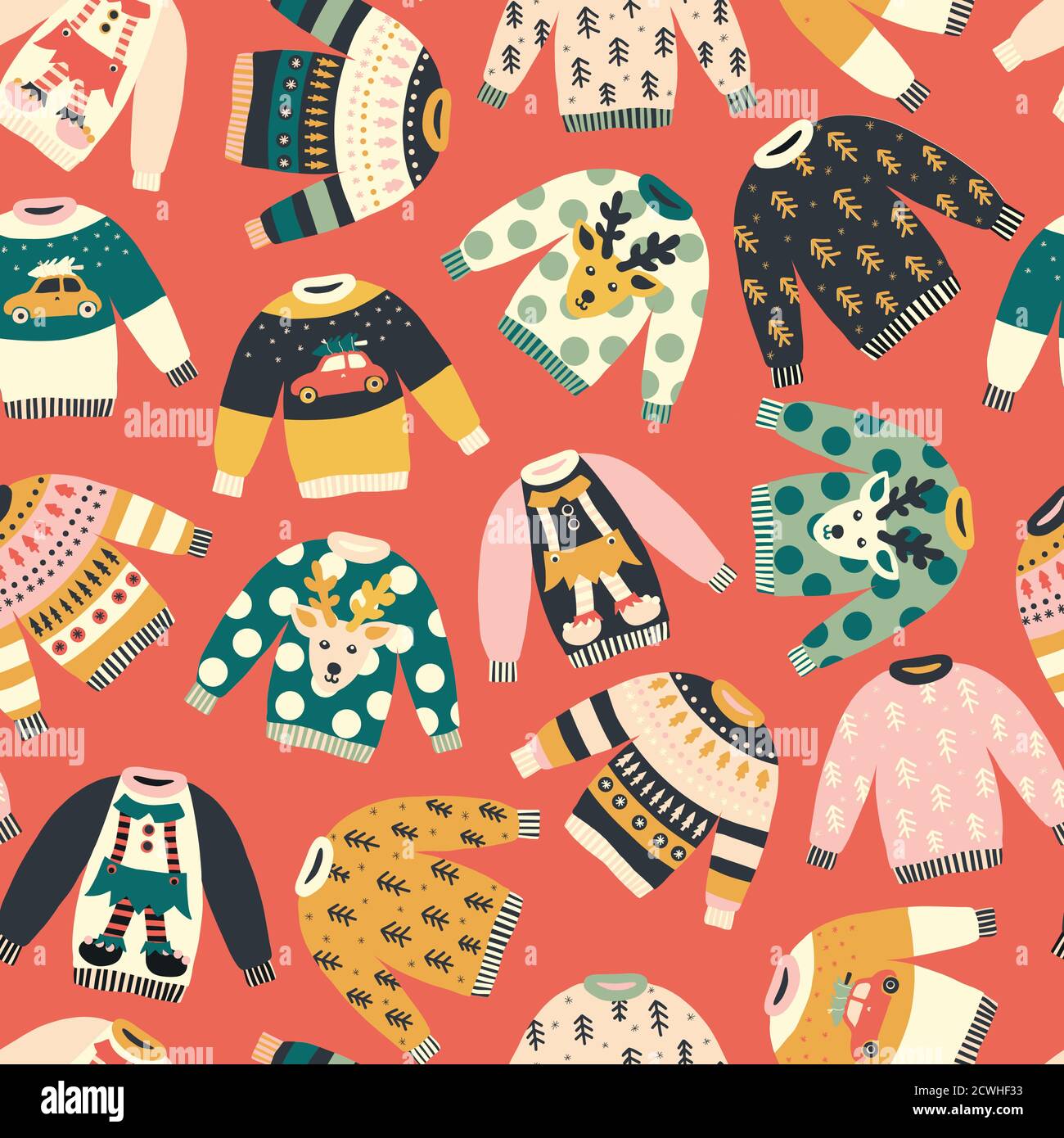 Seamless pattern Ugly Christmas jumpers. Repeating vector holiday vintage background. Knitted winter sweaters with Norwegian ornaments and decorations Stock Vector