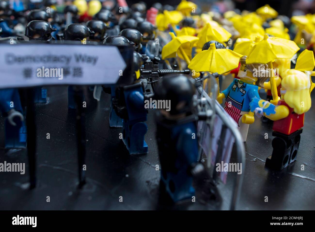 Toy Lego characters depicting a scene of protesters confronting riot police  are seen on a table outside the government headquarters in Hong Kong  October 20, 2014. A deepening sense of impasse gripped