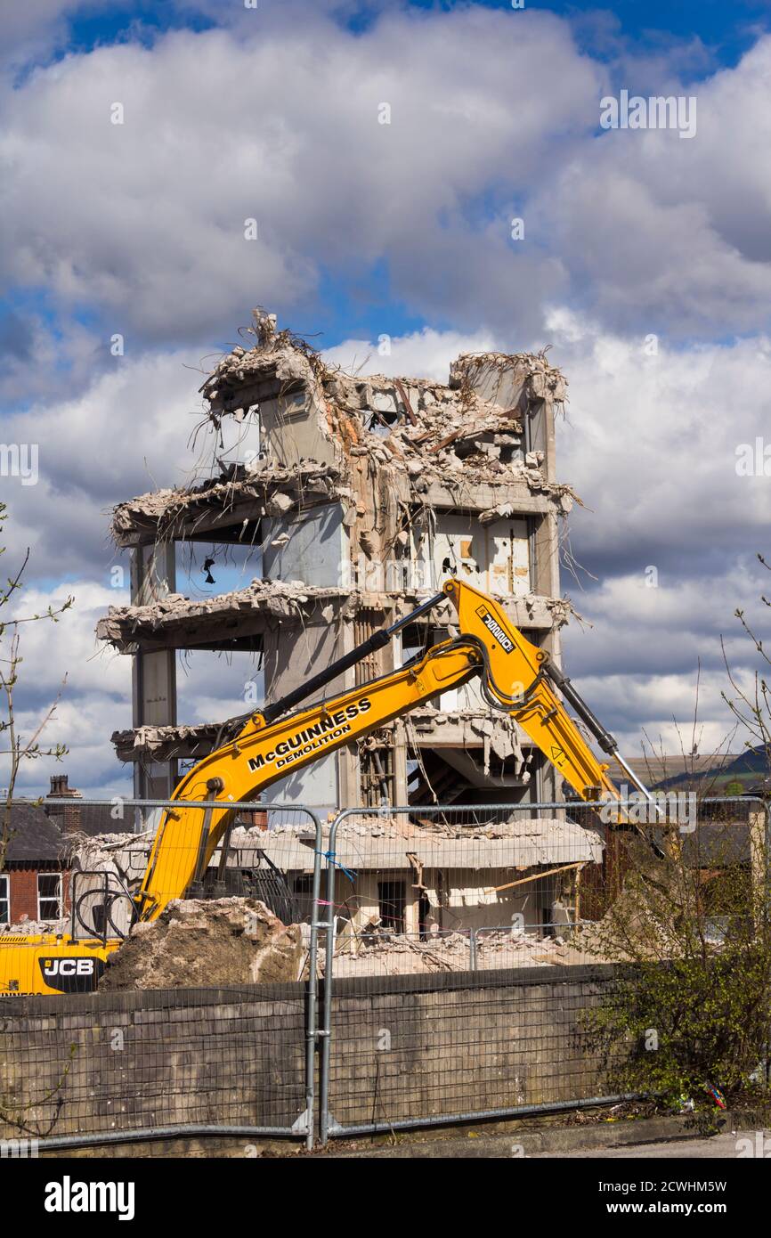 Demolition in progress of the former Bury police headquarters building on  Irwell Street, Bury, Greater Manchester. Stock Photo