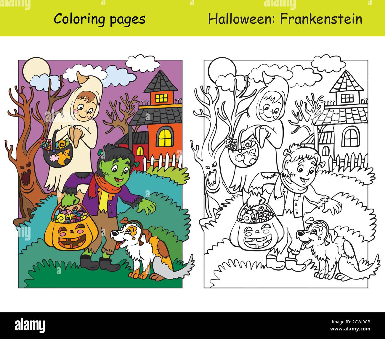 Coloring with colored example Halloween characters and dog Stock ...