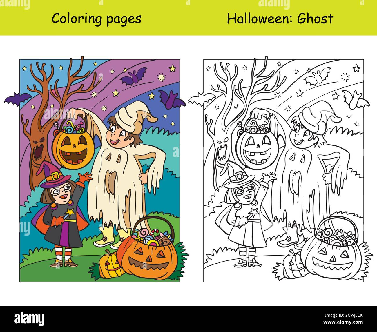 Coloring with colored example Halloween ghost and witch Stock Vector Image & Art - Alamy