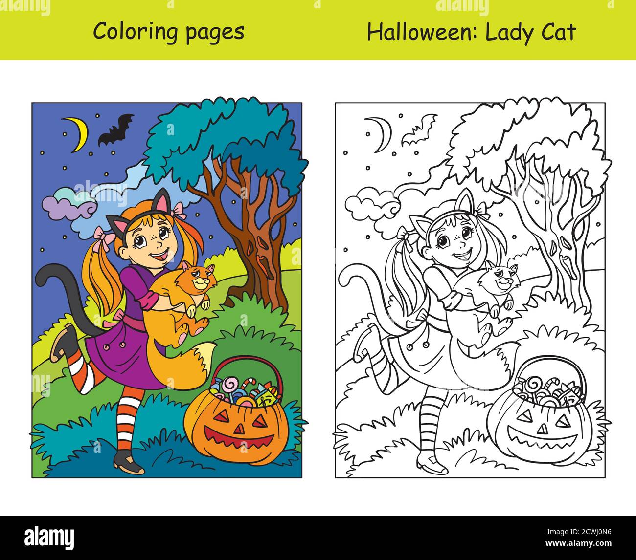 Coloring with colored example Halloween girl with cat Stock Vector