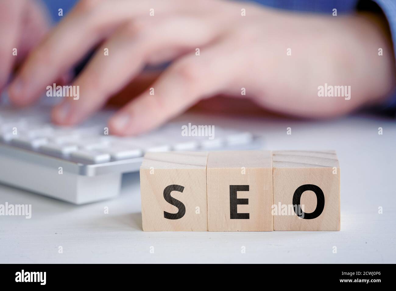 Search engine optimization concept on wooden cubes. Stock Photo