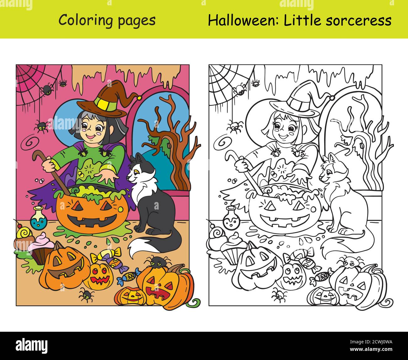 Coloring with colored example witch with cat Stock Vector